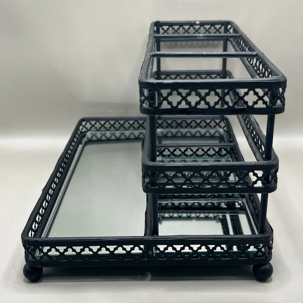 Black Metal 3 Tier Mirrored Vanity Organizer Makeup Jewelry Fretwork 9